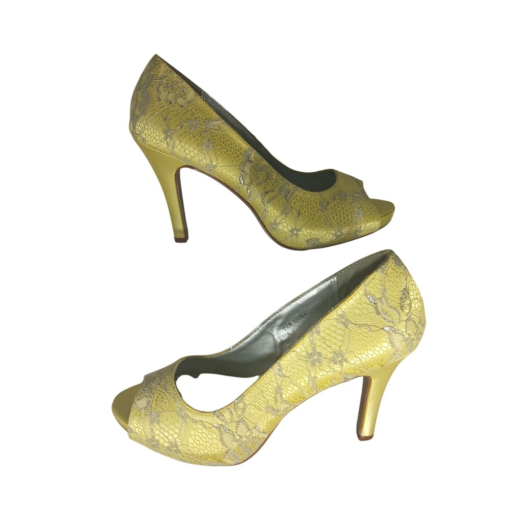 Dyeables Yellow‎ Silver Floral Lace Peep Toe Stiletto Pumps Heels 7.5M 38384